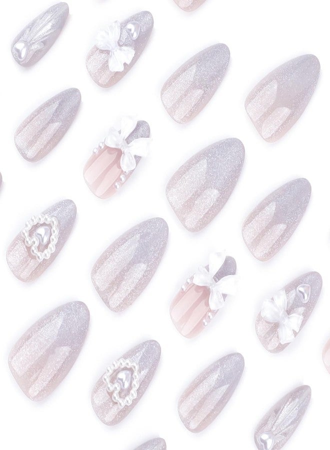 OSTTMA 24Pcs Almond Press on Nails 3D Heart Fake Nails Glossy Silver False Nails with 3D Bow Heart Pearl Acrylic Nails Designs Luxury Glue on Nails Full Cover Artificial Nails for Women Manicure Decor - Image 4